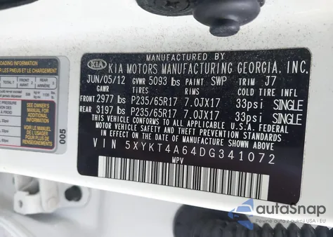 2013 Kia Sorento Lx из США, поврежденный, VIN 5XYKT4A64DG341072